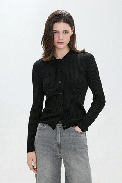 DKNY WOMEN 울 립드 T칼라 가디건