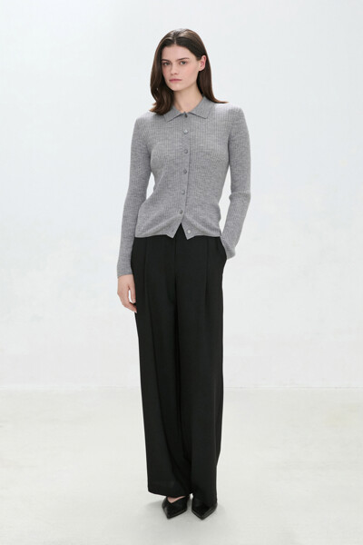 DKNY WOMEN 울 립드 T칼라 가디건