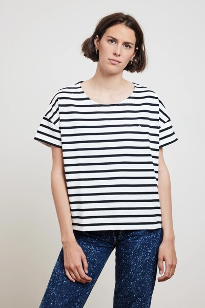 여성 스트라이프 루즈핏 와이드 라운드넥 숏슬리브 티셔츠 D43 화이트/블랙