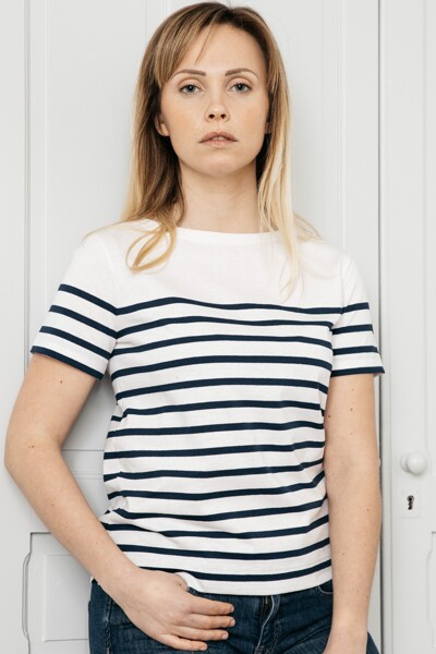 여성 스트라이프 보트넥 숏슬리브 티셔츠 D5 화이트/네이비