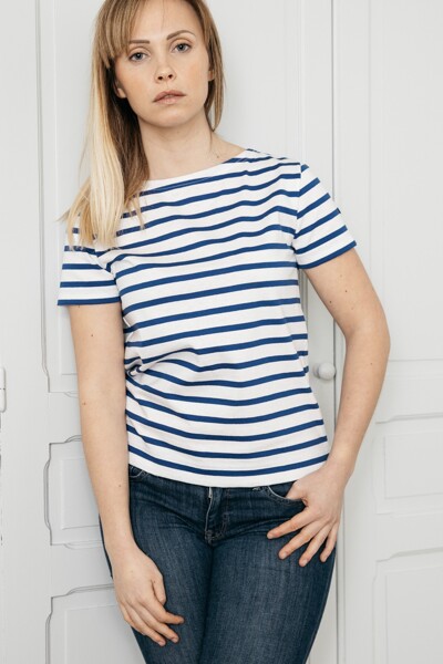 [르미너] 여성 스트라이프 보트넥 숏슬리브 티셔츠 D43 화이트/블루