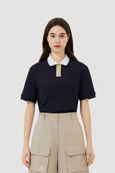 Collar Color Matching Crop Shirts_Navy