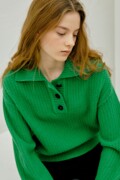 Green Solid Button Knit Pullover (JJSW2B950E2)