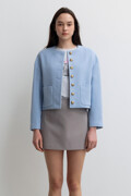 Round-neck Tweed Short Jacket Light Blue (JWJA3E907B1)