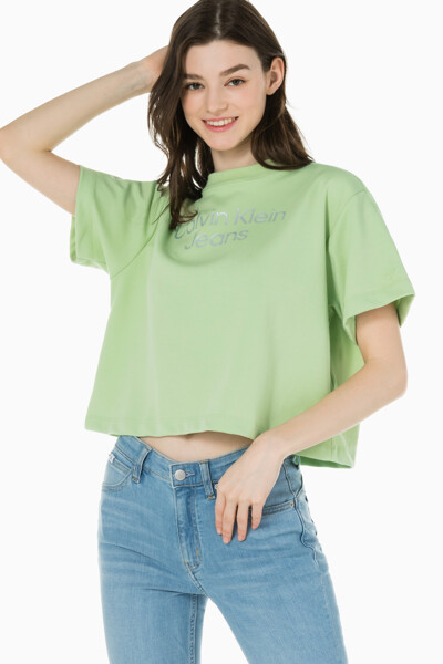 여성 패션핏 실버 엠브로이더리 크롭 반팔 티셔츠 J218911-L99 J218911L99
