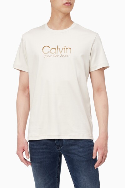 남성 투톤 Calvin 로고 레귤러핏 반팔 티셔츠 J320569-ACF J320569ACF
