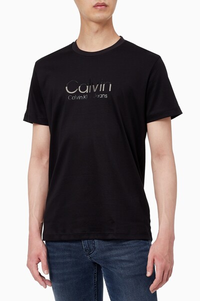 남성 투톤 Calvin 로고 레귤러핏 반팔 티셔츠 J320569-BEH J320569BEH