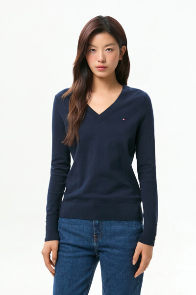 TOMMY HILFIGER WOMEN 커프 버튼 브이넥 스웨터