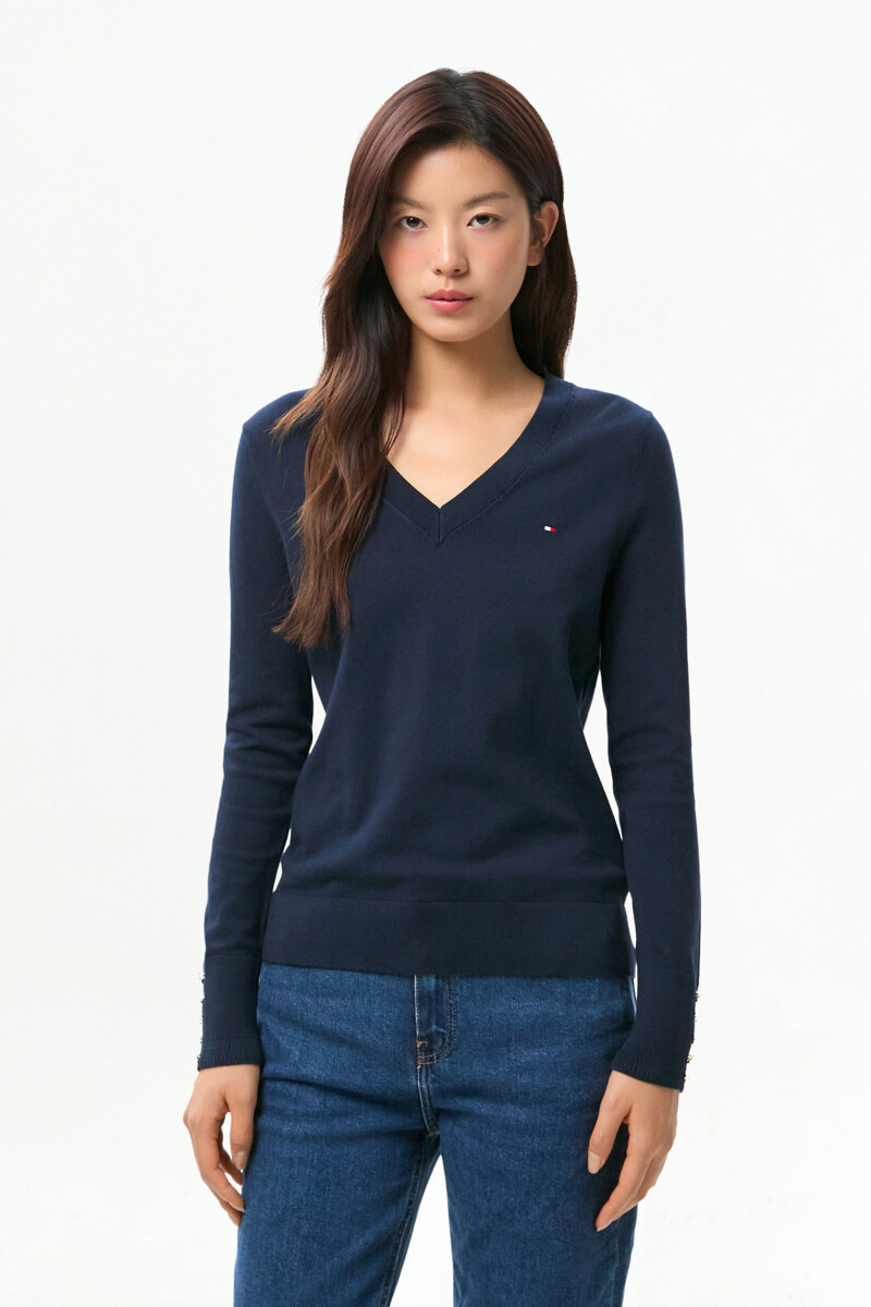TOMMY HILFIGER WOMEN 커프 버튼 브이넥 스웨터