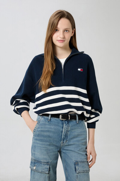 TOMMY JEANS 스트라이프 쿼터 집업 스웨터