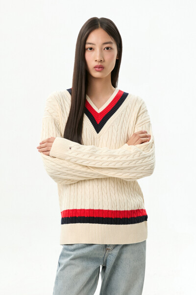 TOMMY HILFIGER WOMEN 바시티 케이블 니트 스웨터