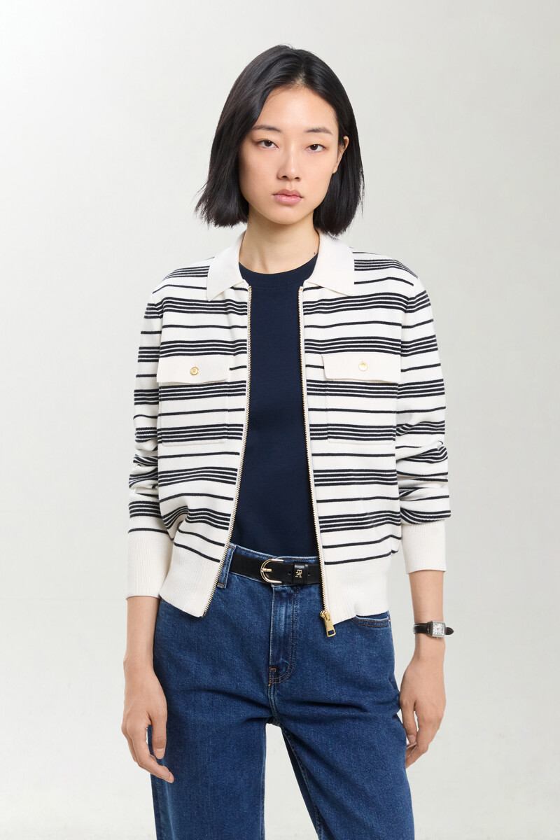 TOMMY HILFIGER WOMEN 코튼 풀니들 집업 카라 가디건