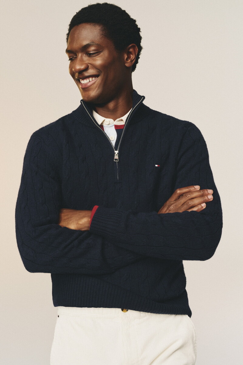 TOMMY HILFIGER MEN 클래식 코튼 케이블 모크넥 하프 니트 집업