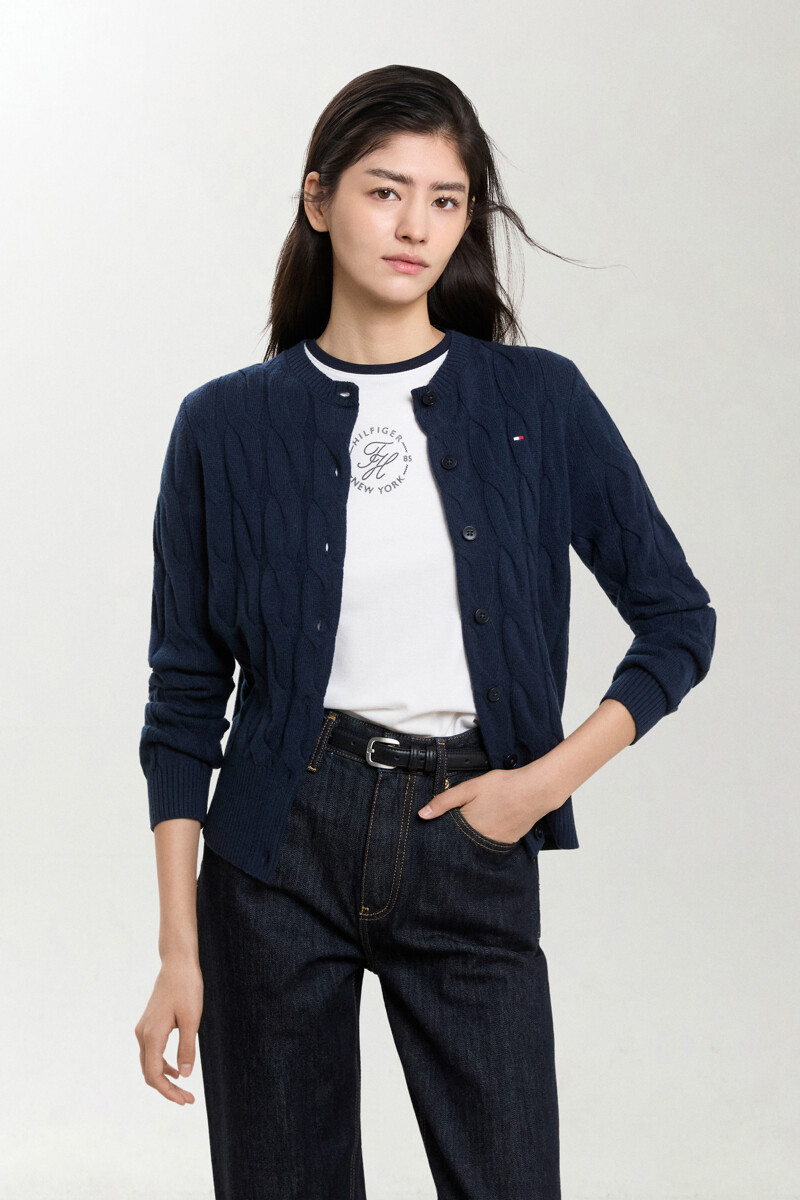 TOMMY HILFIGER WOMEN 에센셜 케이블 크루넥 가디건
