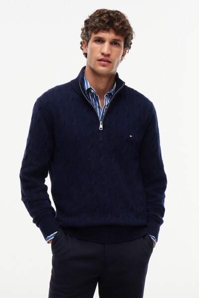 TOMMY HILFIGER MEN 램스울 케이블 집업 모크넥 니트