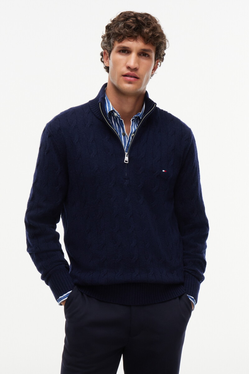 TOMMY HILFIGER MEN 램스울 케이블 집업 모크넥 니트